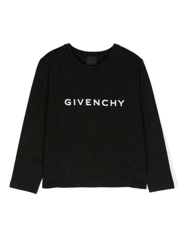 T shirt per bambina nera a maniche lunghe con logo Givenchy centrale bianco e stemma 4G posteriore – Accessorio premium elegante