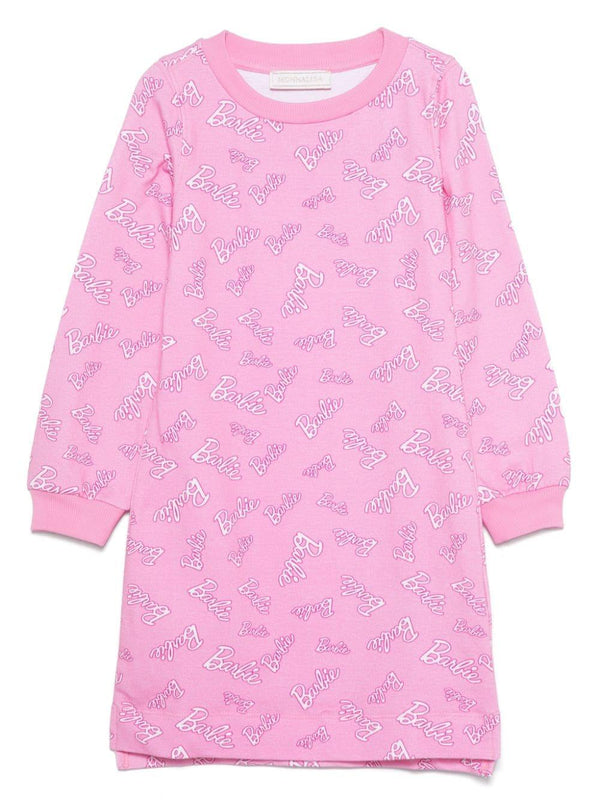 Abito con stampa logo Barbie per bambina Monnalisa rosa con girocollo a coste – Accessorio premium elegante