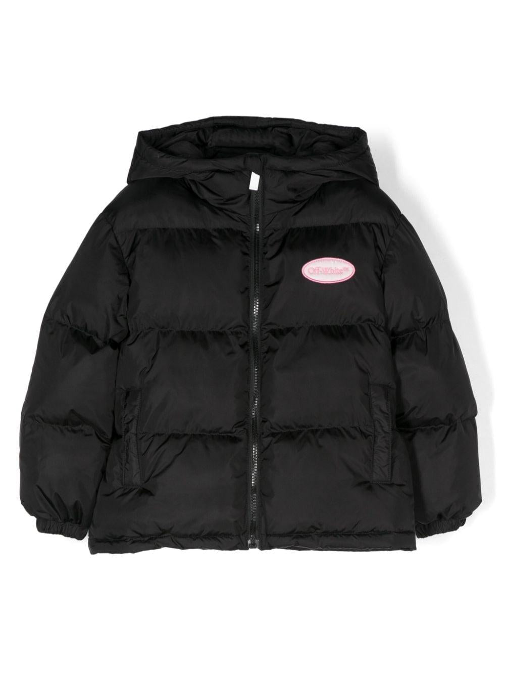 Piumino con applicazione per bambina Off-White Kids nero con orli elasticizzati – Accessorio premium elegante
