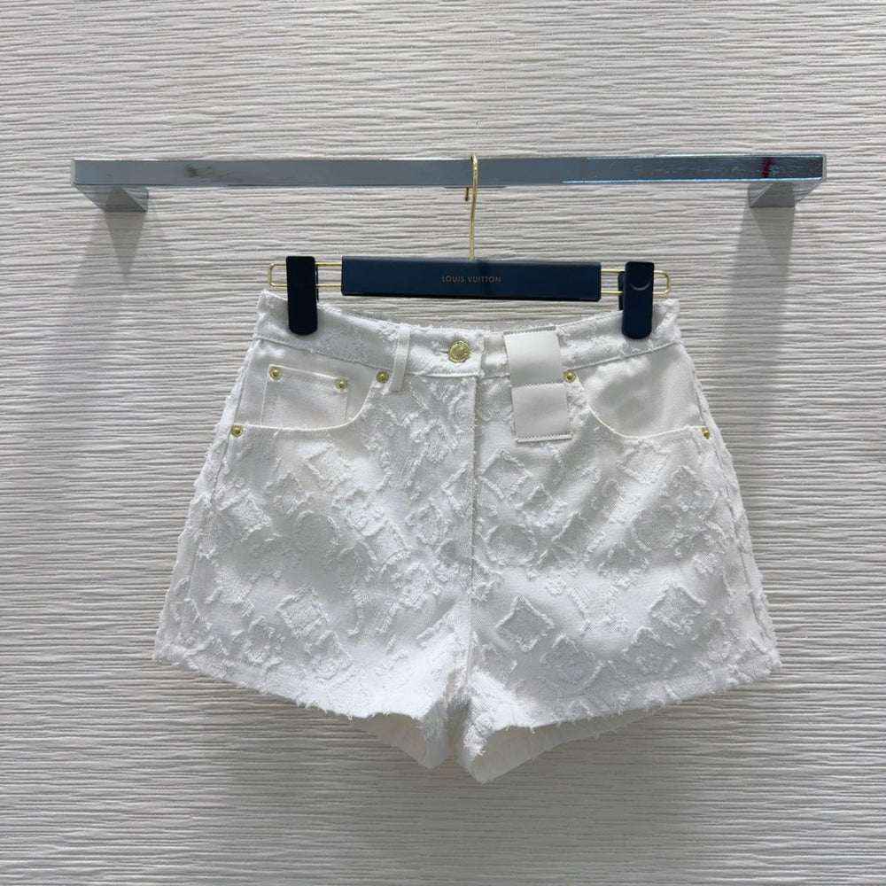 LV 25S Metal Pants Zipper Shorts White Cotton – Accessorio premium elegante