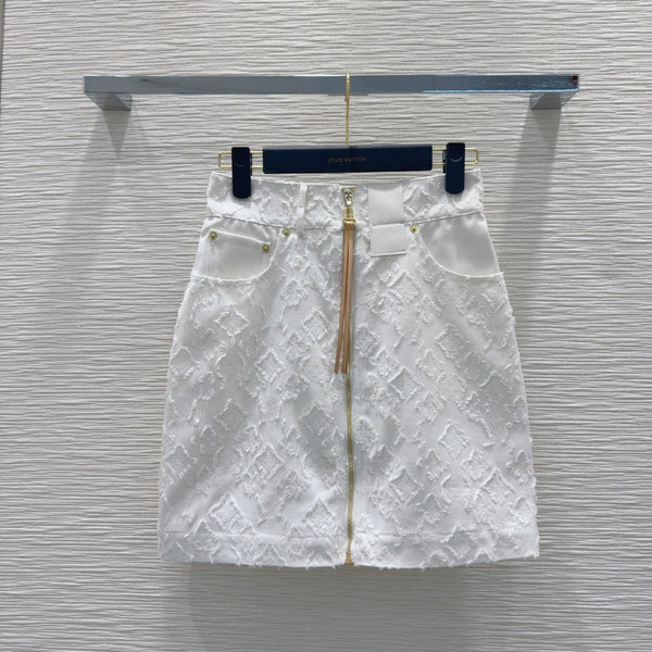 LV 25S Monograw Jacquard Fabric Skirt White Cotton – Accessorio premium elegante