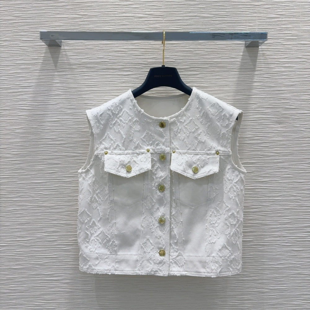 LV 25S Monograw Jacquard Fabric Vest Jacket White Cotton – Accessorio premium elegante