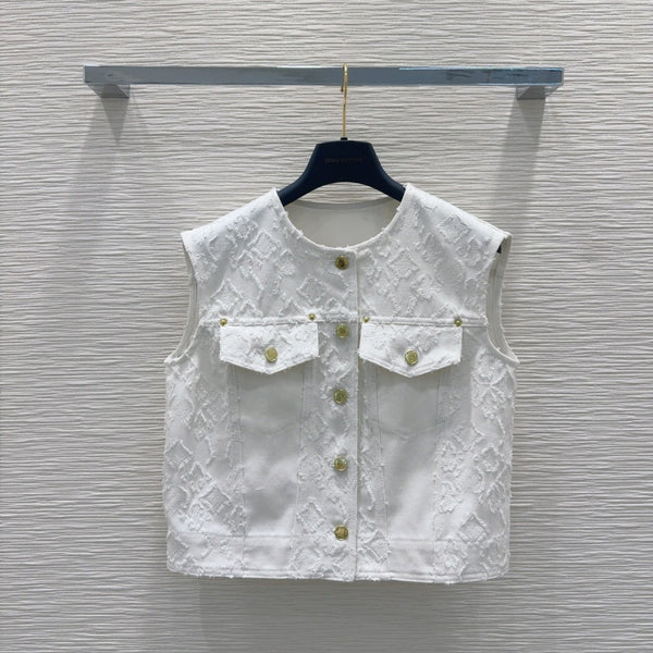 LV 25S Monograw Jacquard Fabric Vest Jacket White Cotton – Accessorio premium elegante