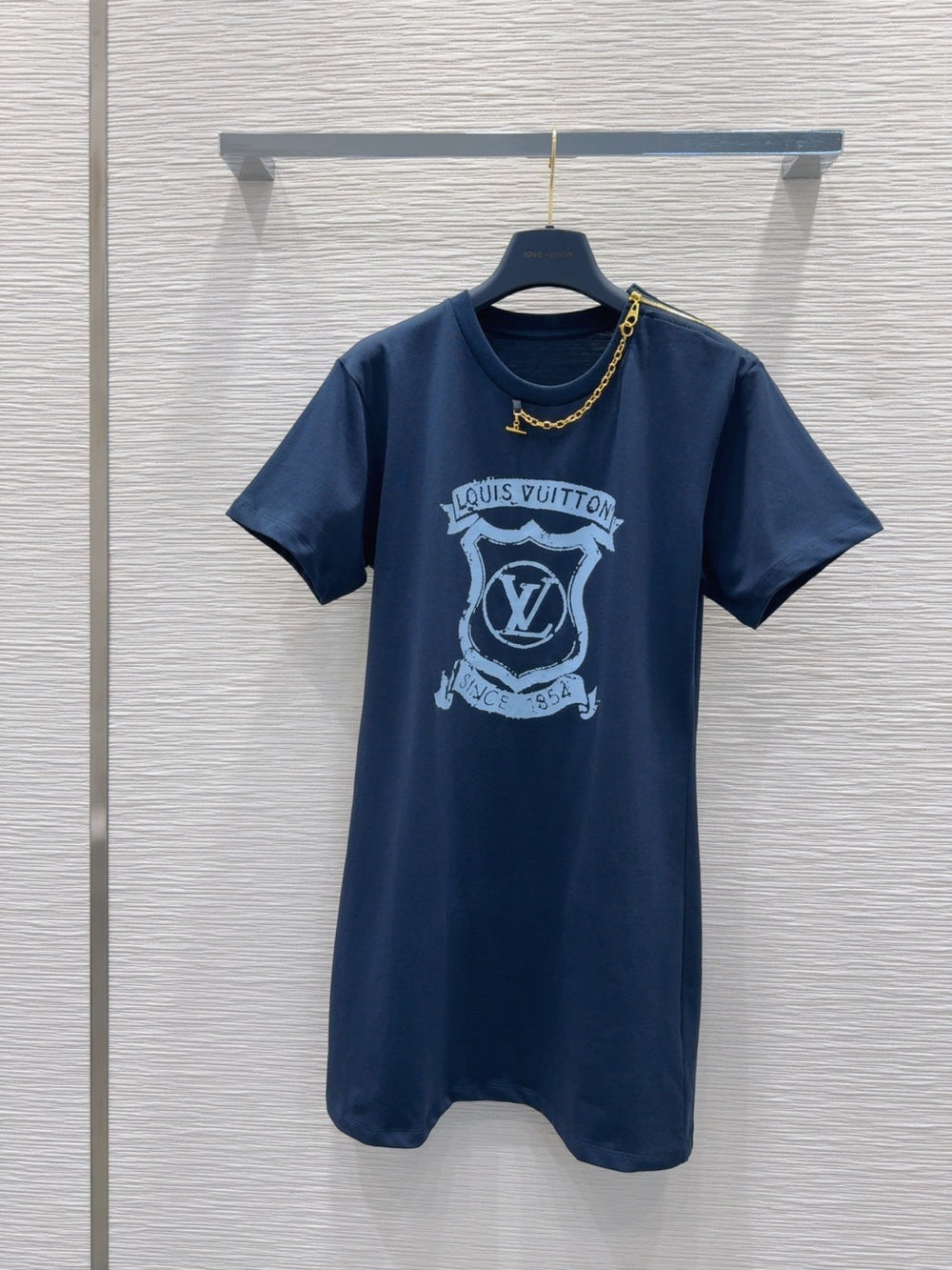 LV 25 Metal Zipper Decoration On The Left Shoulder Dress  Blue Cotton – Accessorio premium elegante