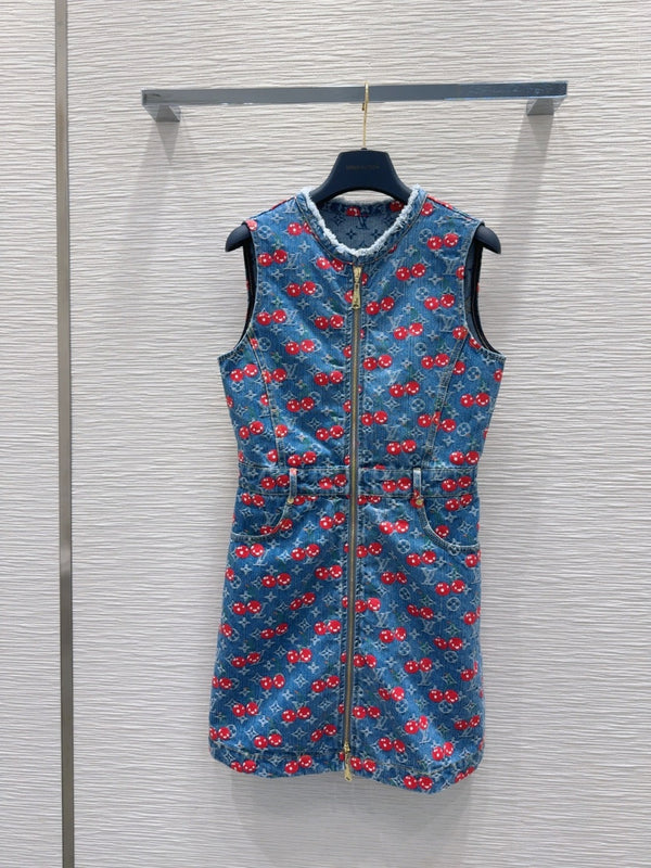 LV 25 Cherry Denim Vest Dress Blue Cotton – Accessorio premium elegante