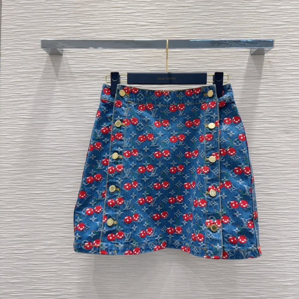 LV 25 Cherry Denim Skirt  Blue Cotton – Accessorio premium elegante
