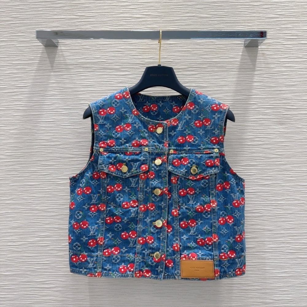 LV 25 Cherry Denim Vest Jacket Blue Cotton – Accessorio premium elegante