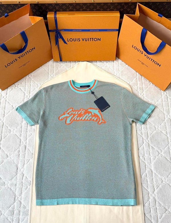 LV 25  Dolphin Jacquard Short Sleeve  Shirt Blue Sweater Knit – Accessorio premium elegante