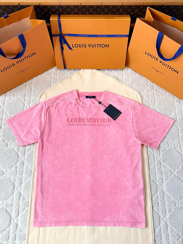 LV 25 Washed Powder Embroidery Round Neck T-shirt Pink Cotton – Accessorio premium elegante