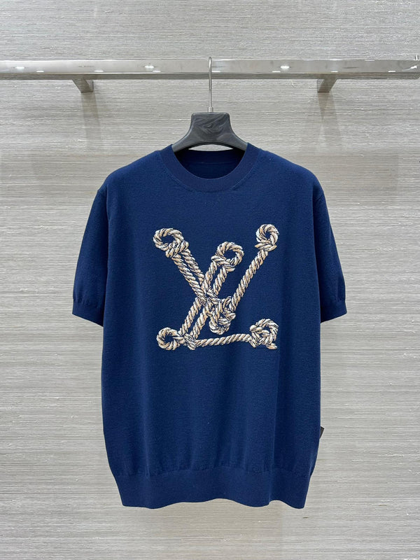 LV 25 Button Rope Jacquard Knitted T-Shirt Blue Wool Polyester – Accessorio premium elegante