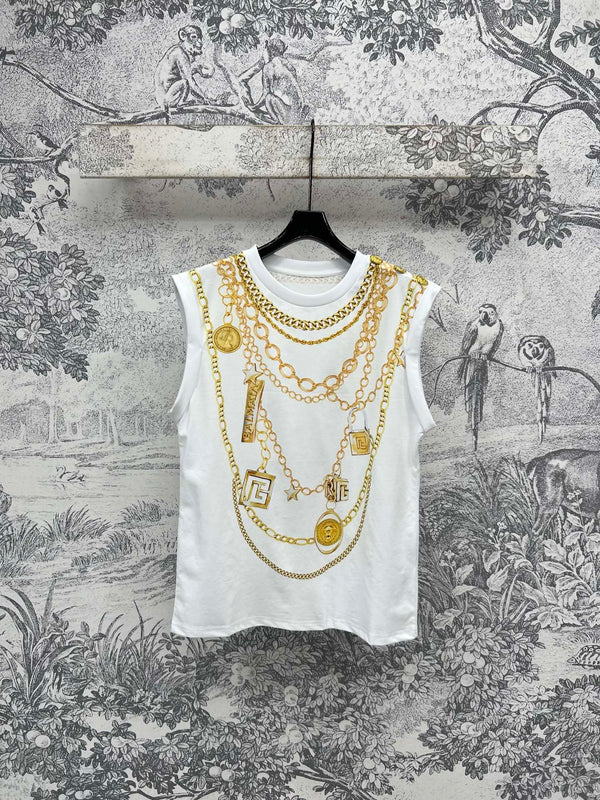 LV 25 Chain Round Neck Sleeveless T-shirt White Cotton – Accessorio premium elegante