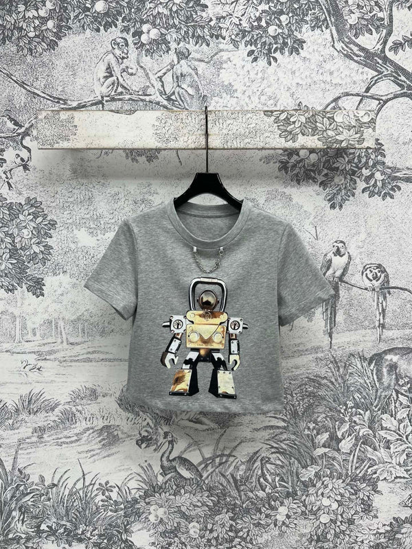 LV 25 Robot  On The Chest T-Shirt Grey Cotton – Accessorio premium elegante