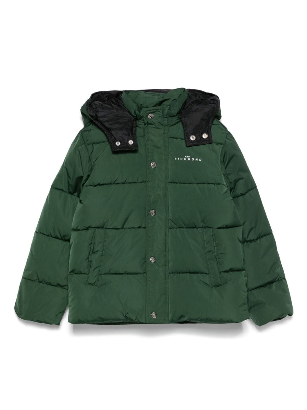 Piumino con stampa per ragazzino John Richmond Junior verde con cappuccio rimovibile – Accessorio premium elegante
