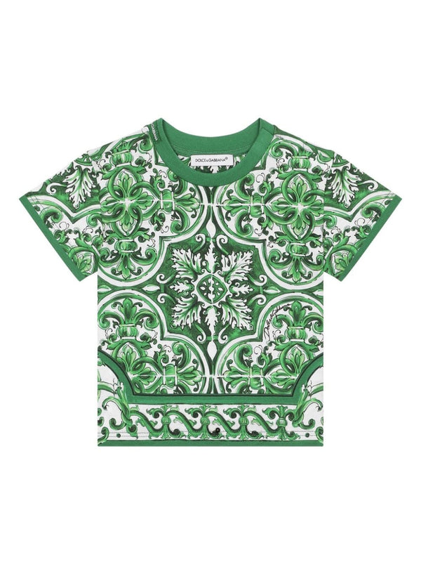 T-shirt con stampa maioliche per neonato Dolce & Gabbana Kids verde con girocollo – Accessorio premium elegante