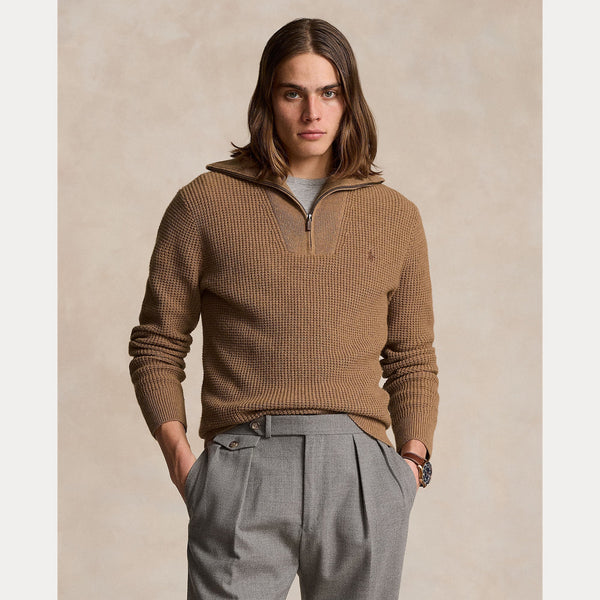 WAFFLE WOOL-COTTON QUARTER-ZIP SWEATER – Accessorio premium elegante